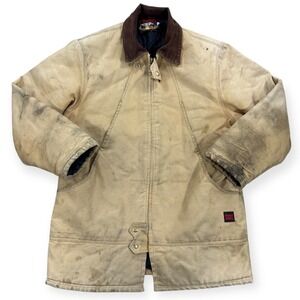 Vintage Tough Duck Work Coat Mens Large Brown Corduroy Collar Quilted Lined Barn